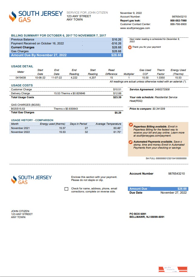 USA New Jersey South Jersey Gas utility bill template in Word and PDF format